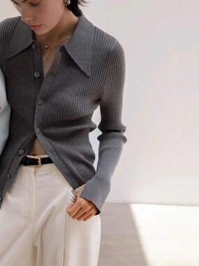 NWOT Commense Grey Ribbed Lapel Slim Cardigan_Medium